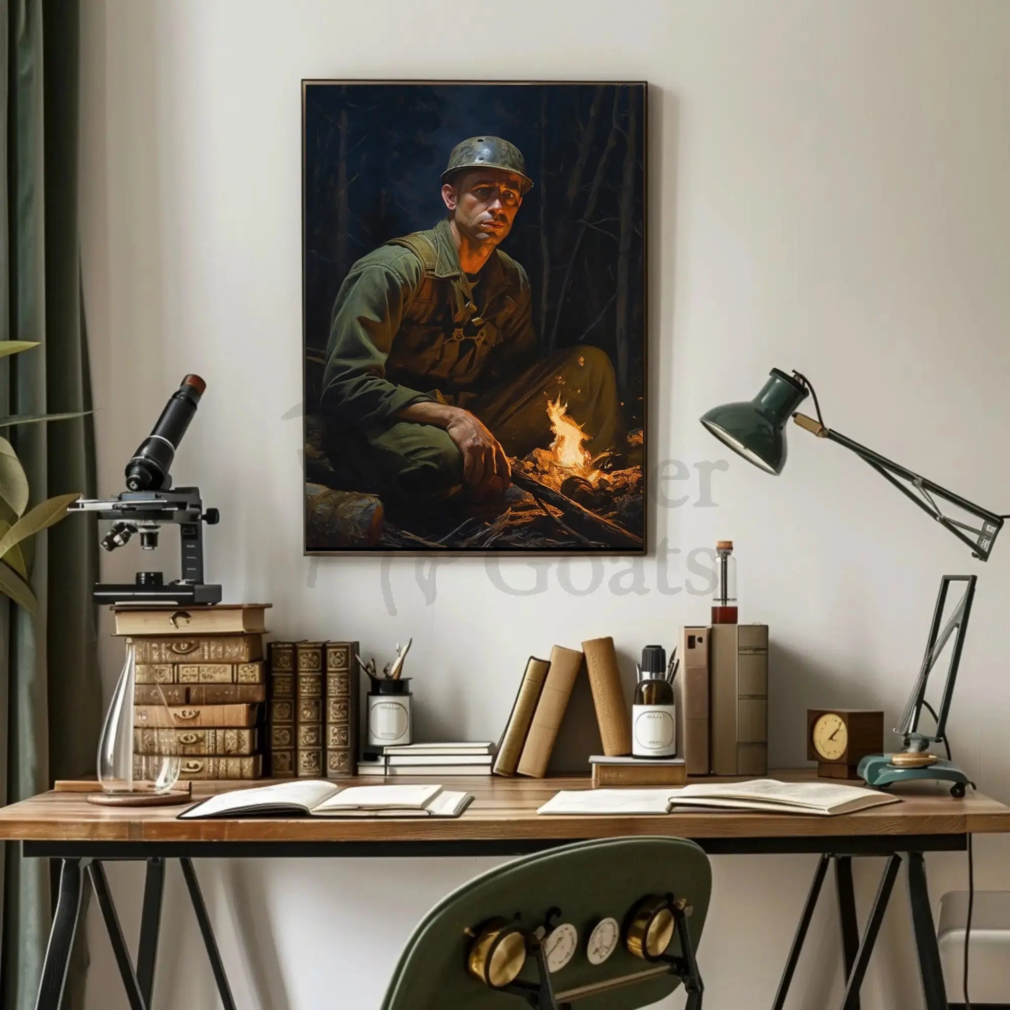 Contemplative Soldier by Campfire WWII Poster PosterGoat