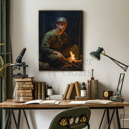 Contemplative Soldier by Campfire WWII Poster PosterGoat