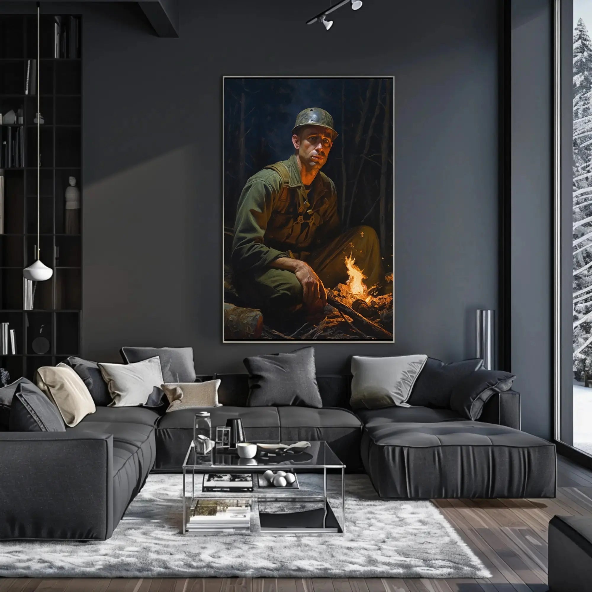 Contemplative Soldier by Campfire WWII Poster PosterGoat
