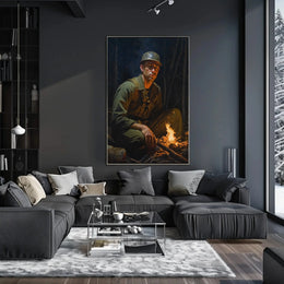 Contemplative Soldier by Campfire WWII Poster PosterGoat