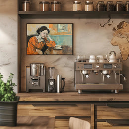 Contemplative Woman in a Café Artistic Poster PosterGoat
