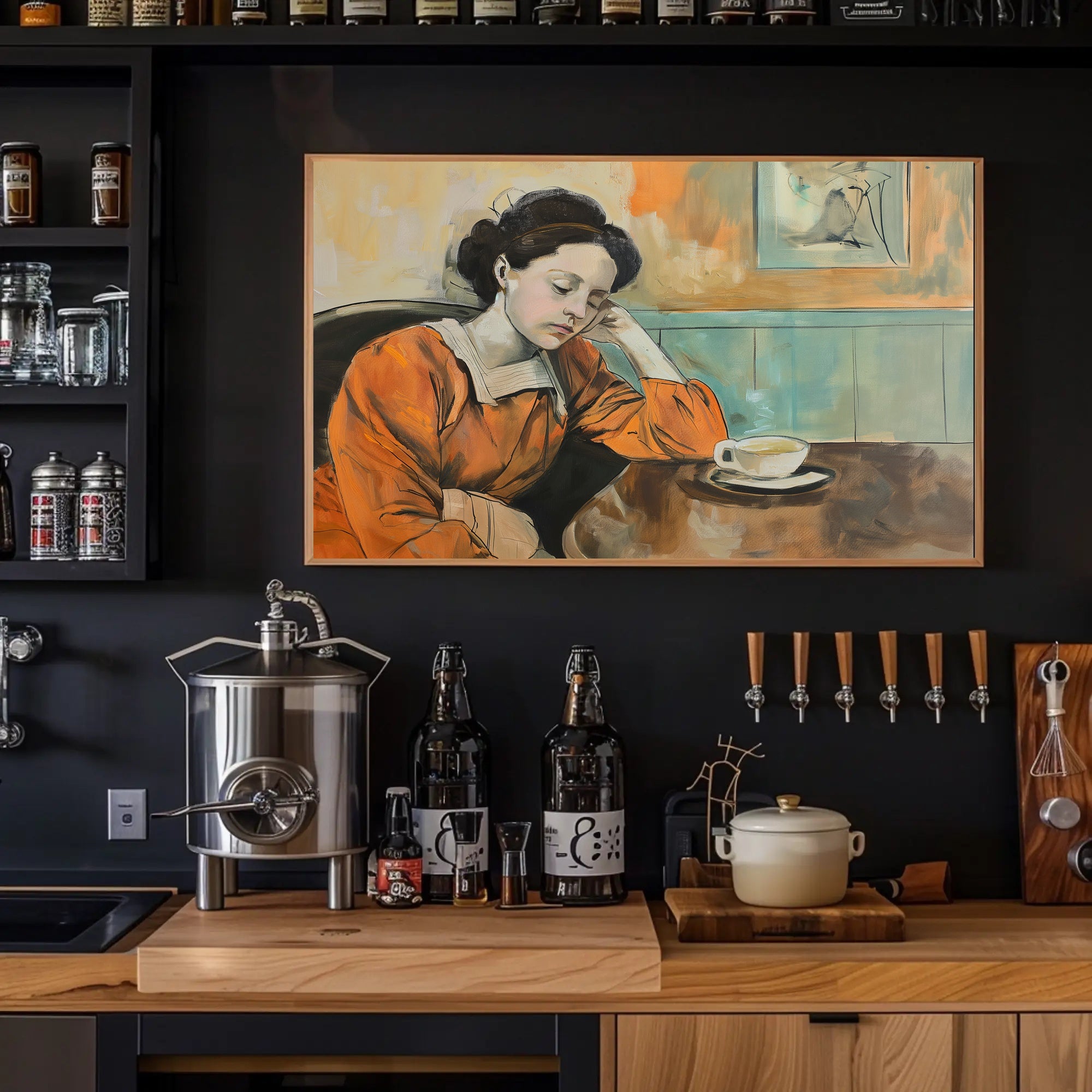 Contemplative Woman in a Café Artistic Poster PosterGoat
