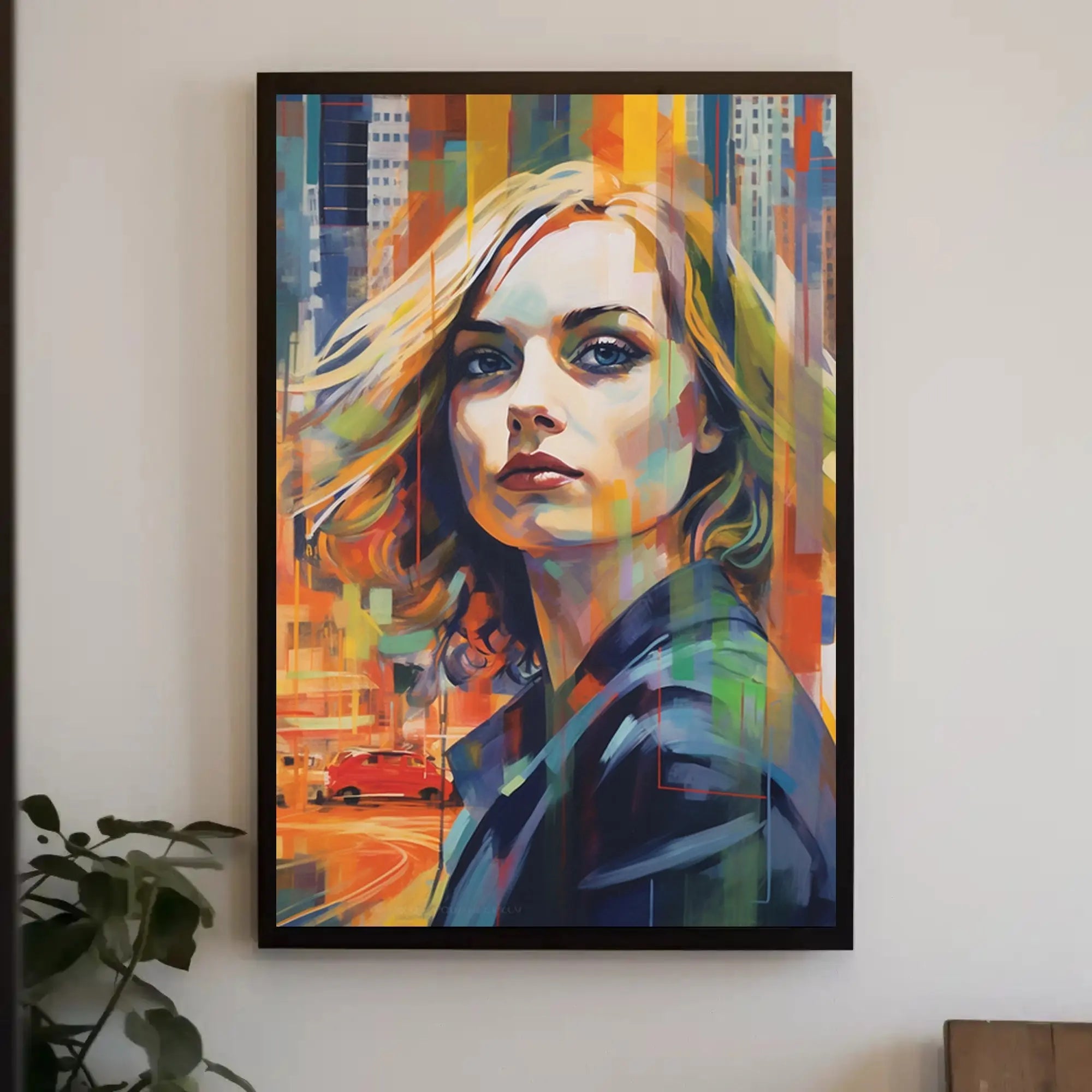Contemporary Woman in Dynamic Cityscape Artistic Poster PosterGoat