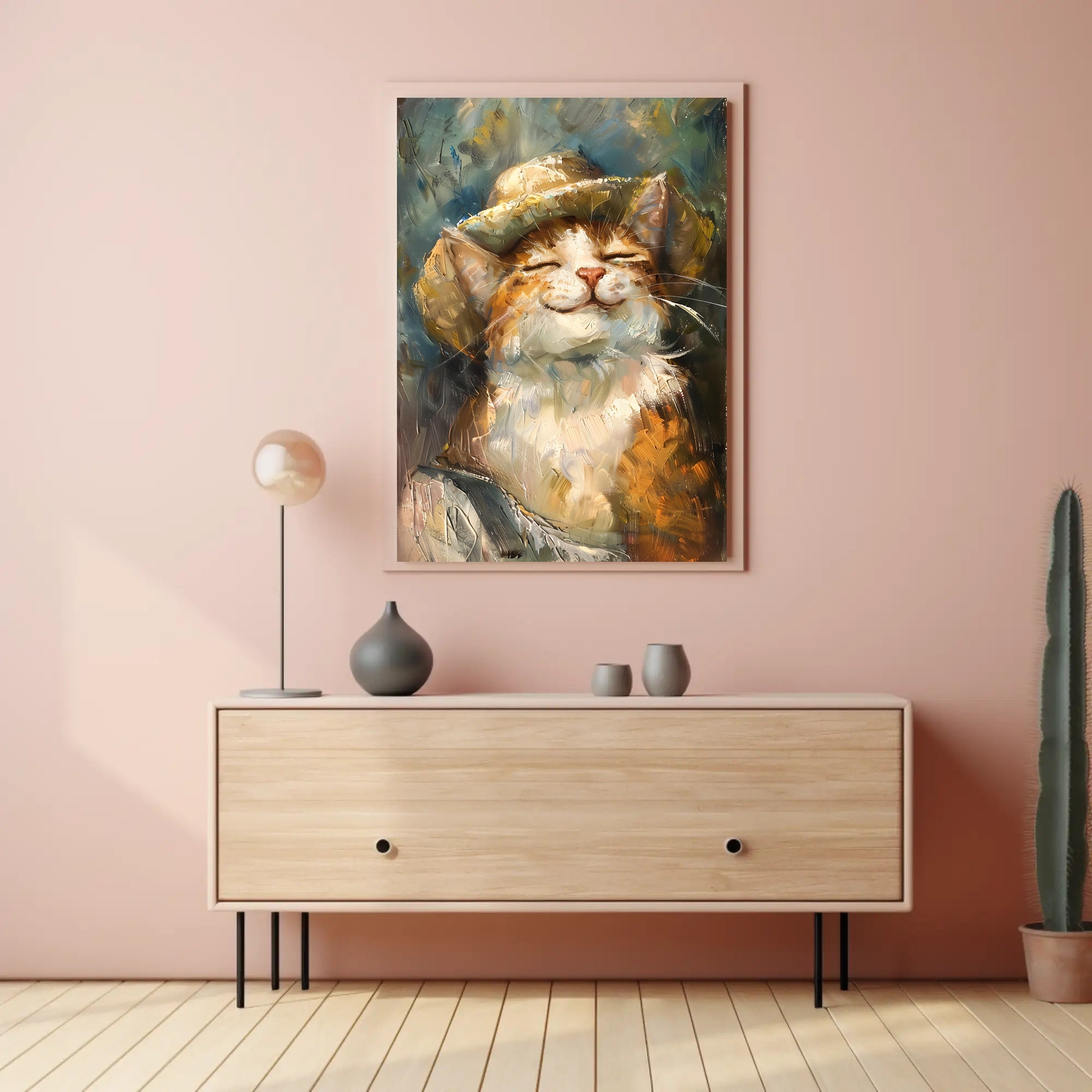 Contented Cat in Straw Hat Animal Poster PosterGoat