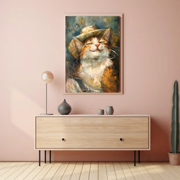 Contented Cat in Straw Hat Animal Poster PosterGoat