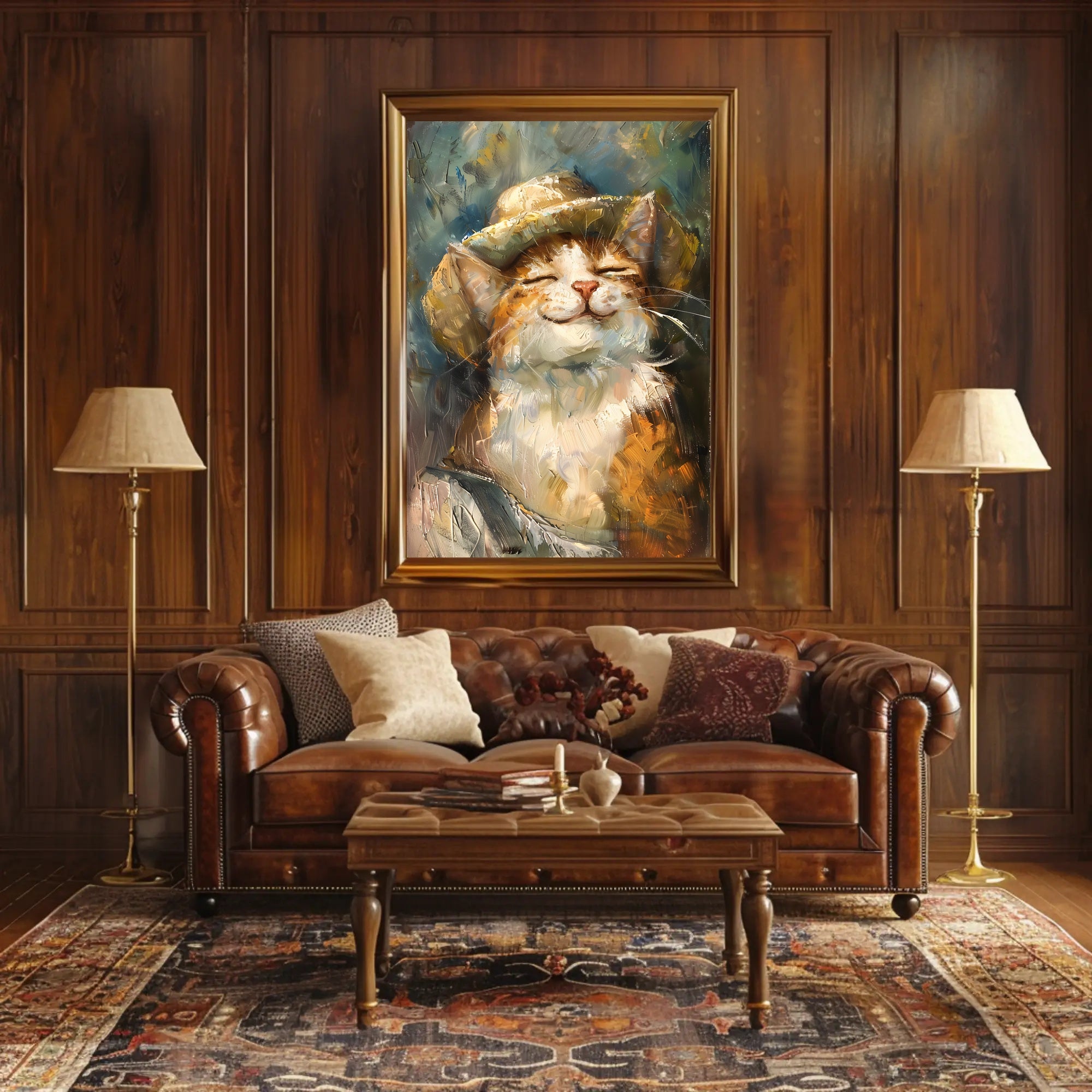 Contented Cat in Straw Hat Animal Poster PosterGoat