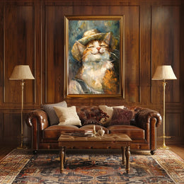 Contented Cat in Straw Hat Animal Poster PosterGoat