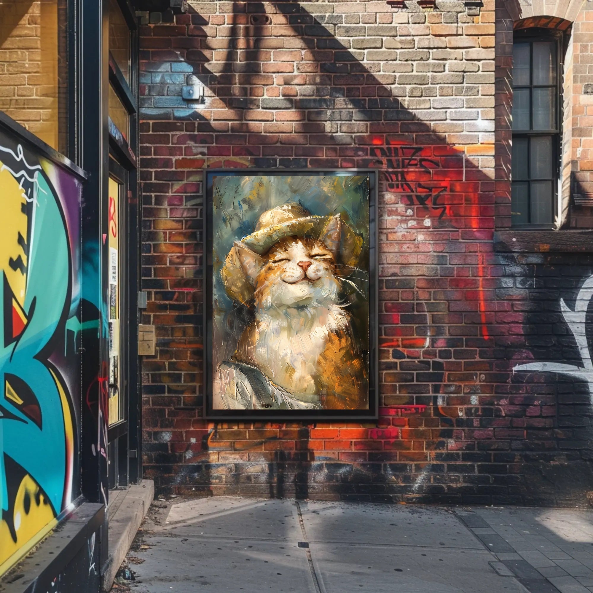 Contented Cat in Straw Hat Animal Poster PosterGoat