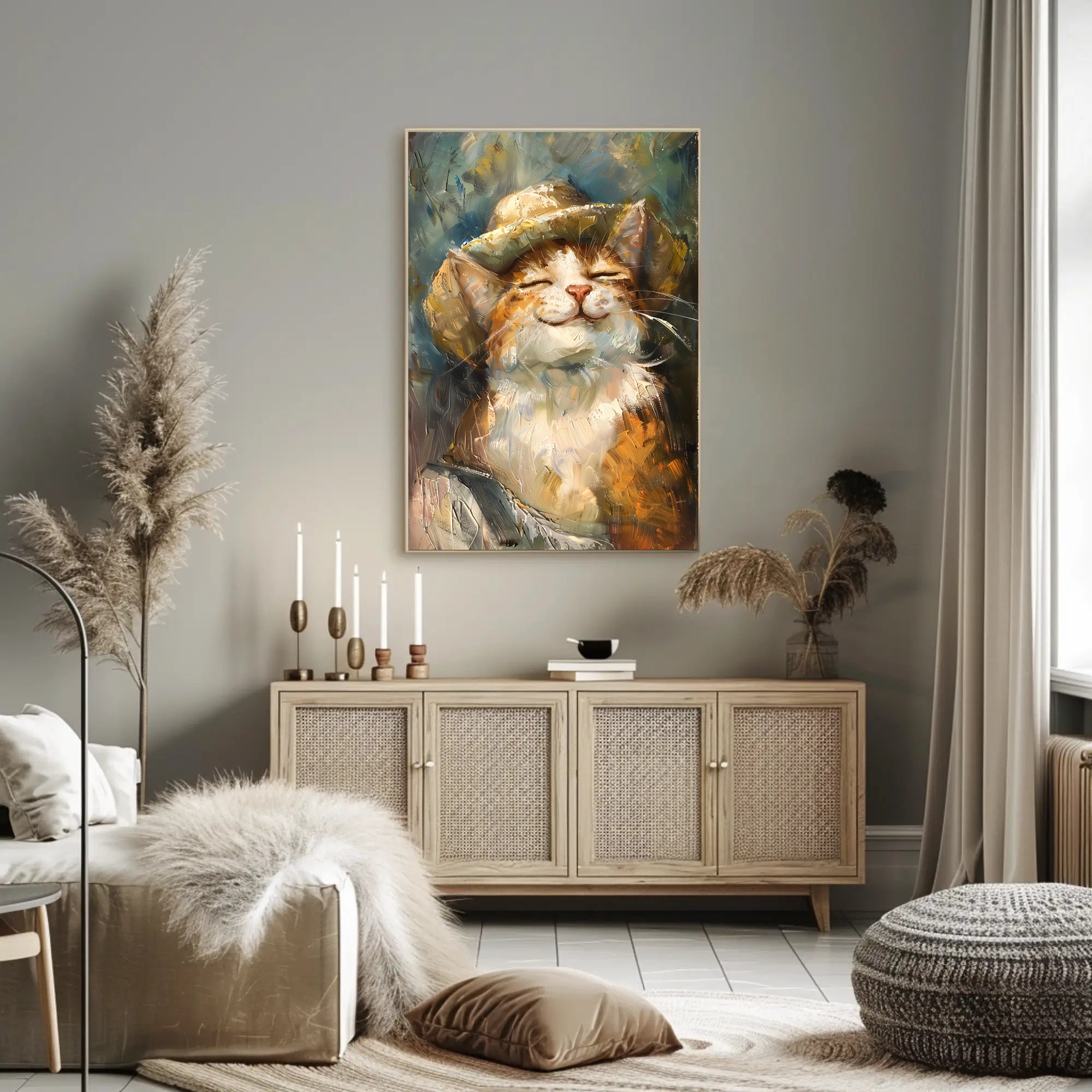 Contented Cat in Straw Hat Animal Poster PosterGoat
