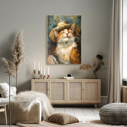 Contented Cat in Straw Hat Animal Poster PosterGoat