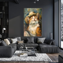 Contented Cat in Straw Hat Animal Poster PosterGoat