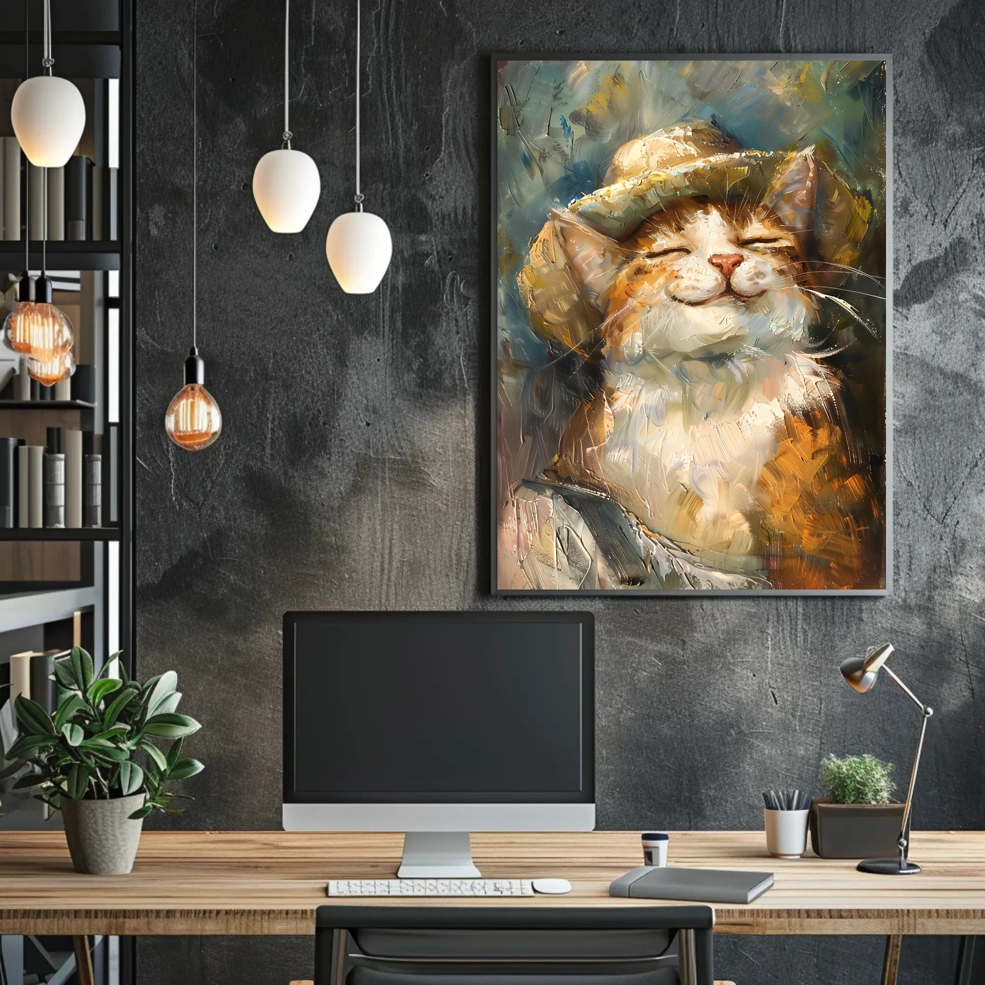 Contented Cat in Straw Hat Animal Poster PosterGoat