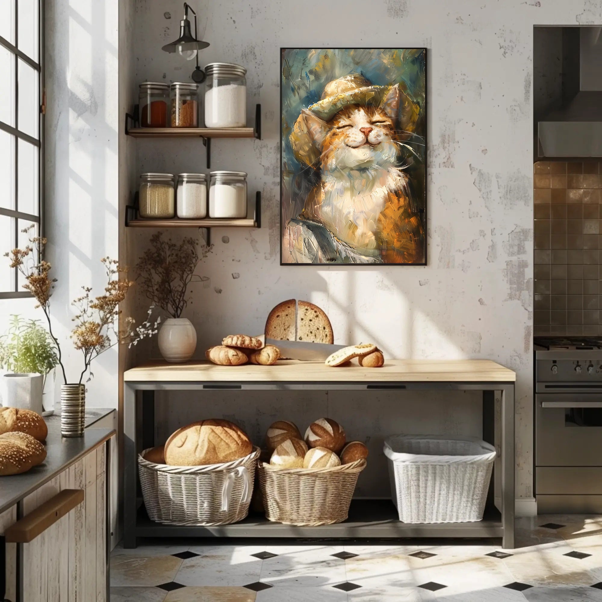 Contented Cat in Straw Hat Animal Poster PosterGoat