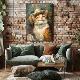 Contented Cat in Straw Hat Animal Poster PosterGoat
