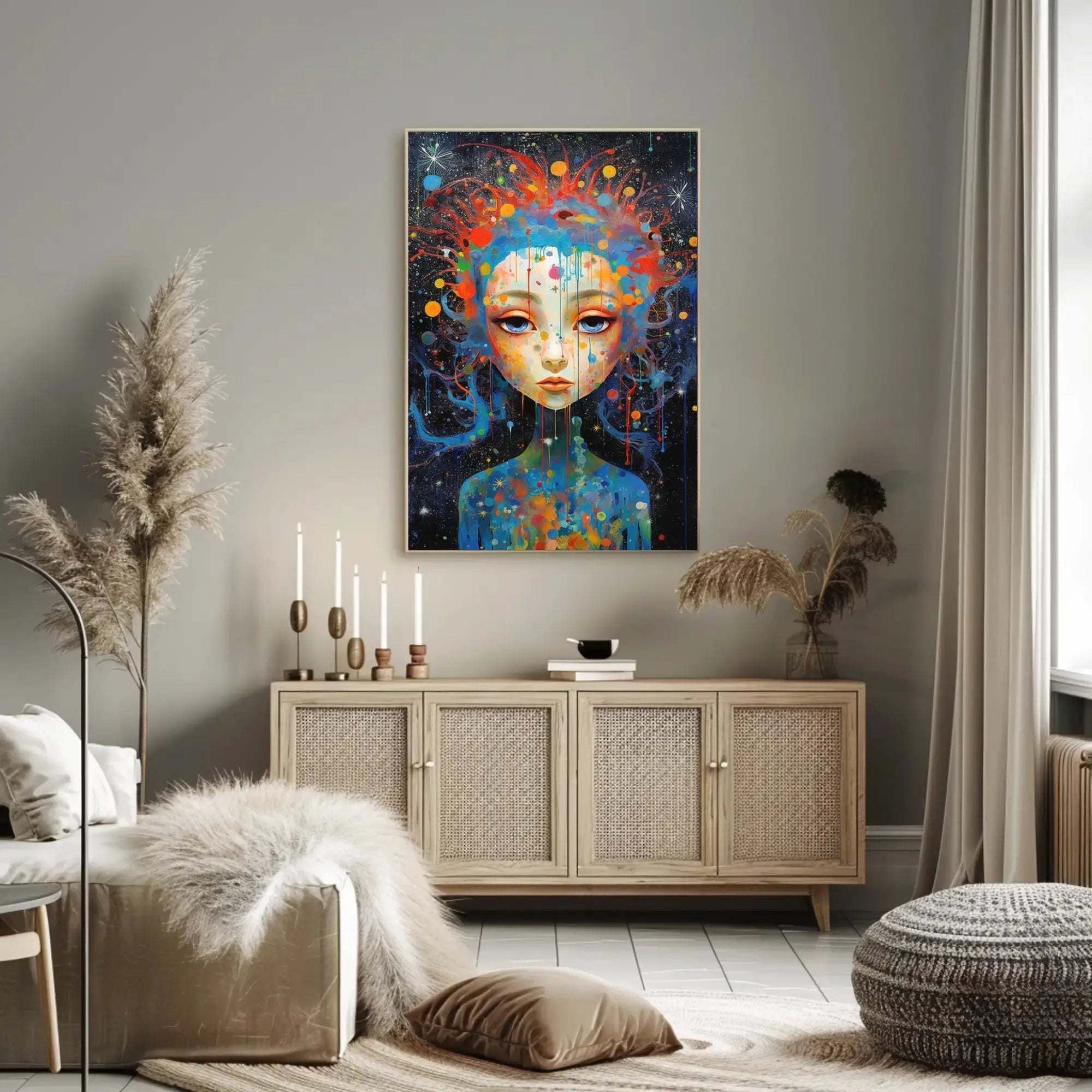 Cosmic Serenity: Abstract Female Portrait Artistic Poster PosterGoat