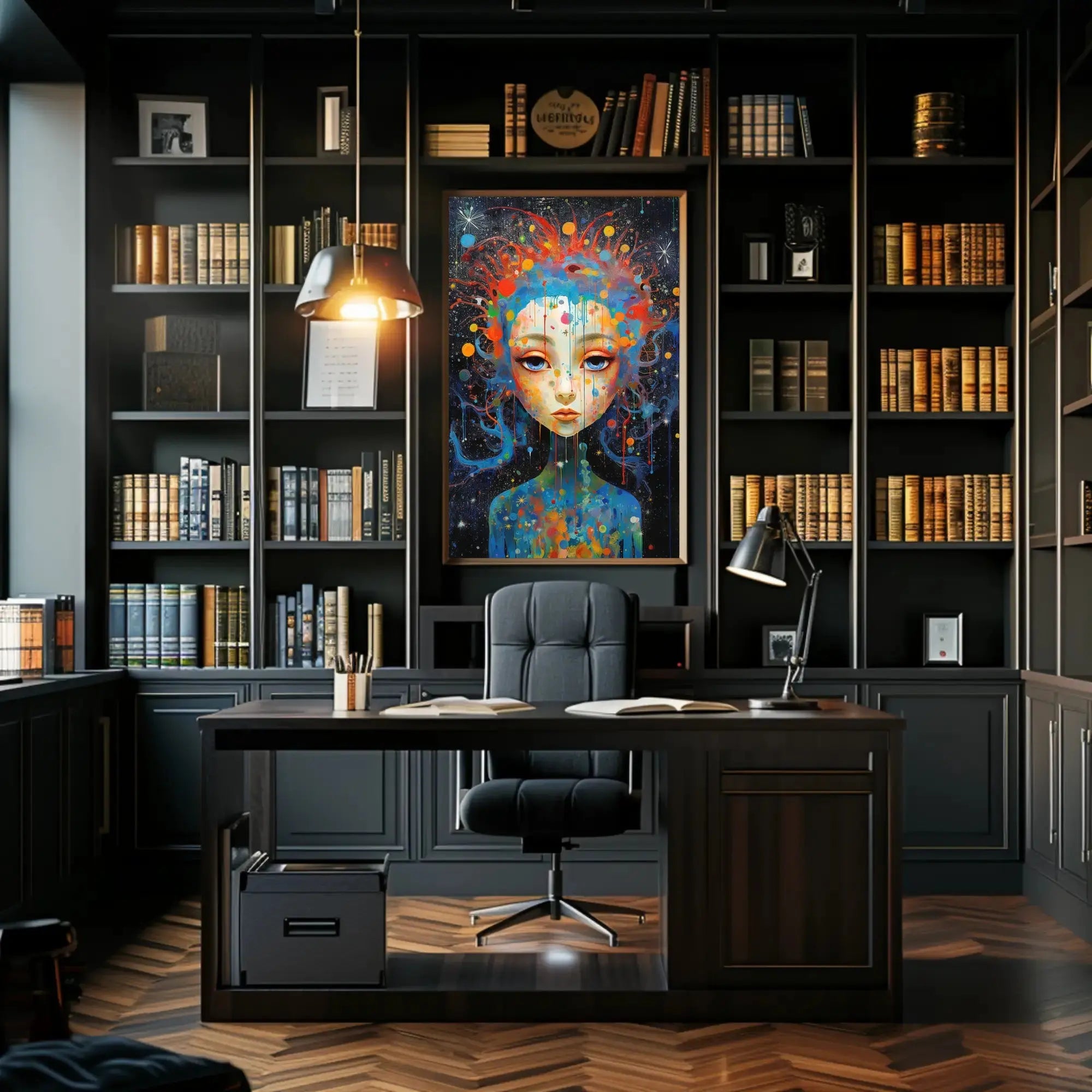 Cosmic Serenity: Abstract Female Portrait Artistic Poster PosterGoat