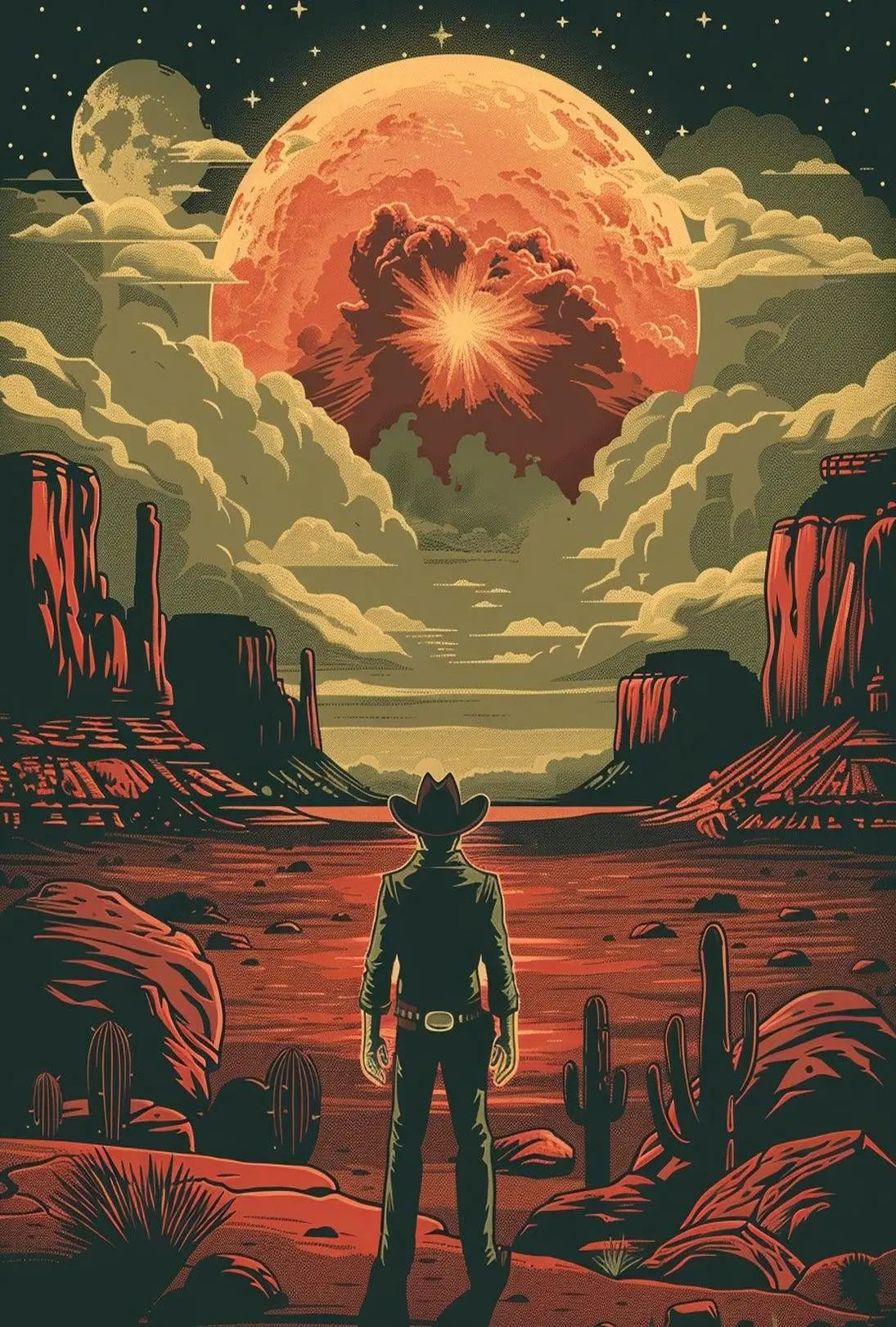 Cowboy and Moon Sci-Fi Western Futuristic Sci-Fi Poster PosterGoat