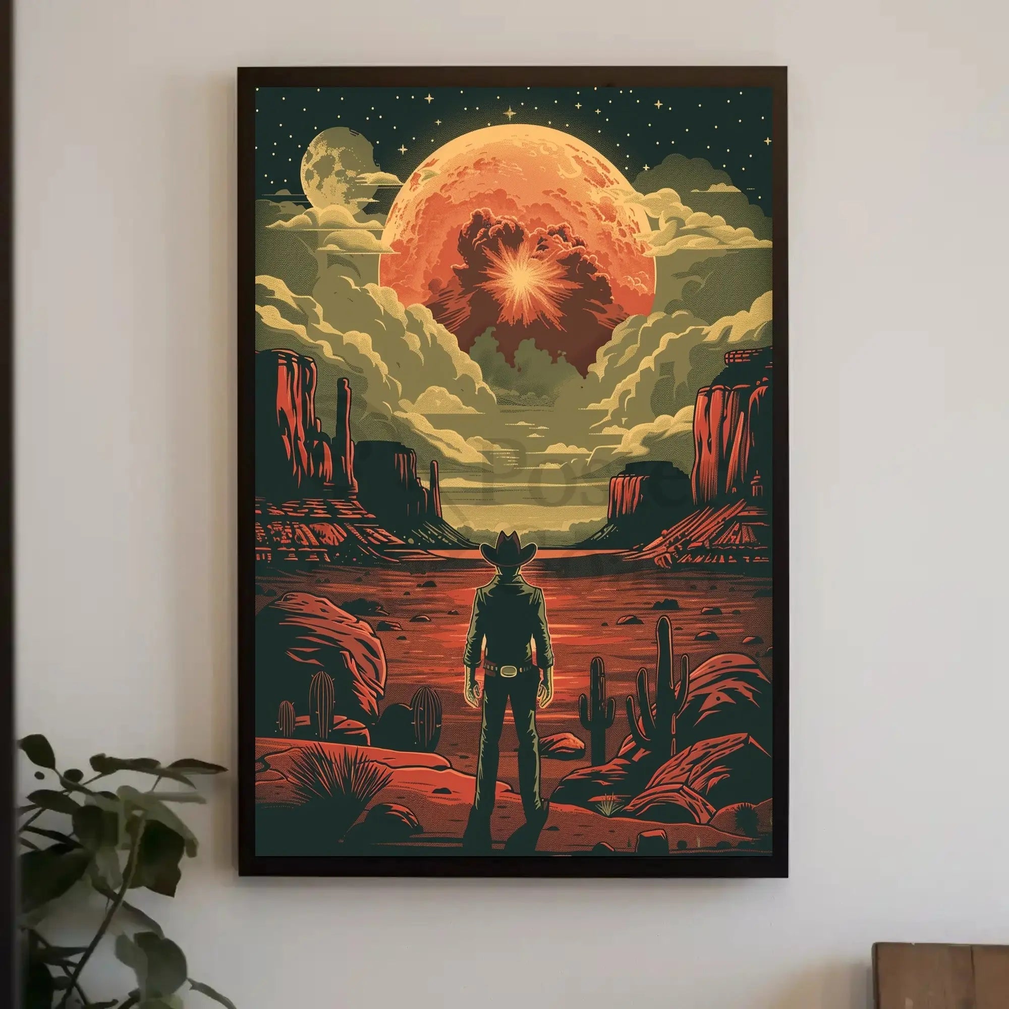 Cowboy and Moon Sci-Fi Western Futuristic Sci-Fi Poster PosterGoat