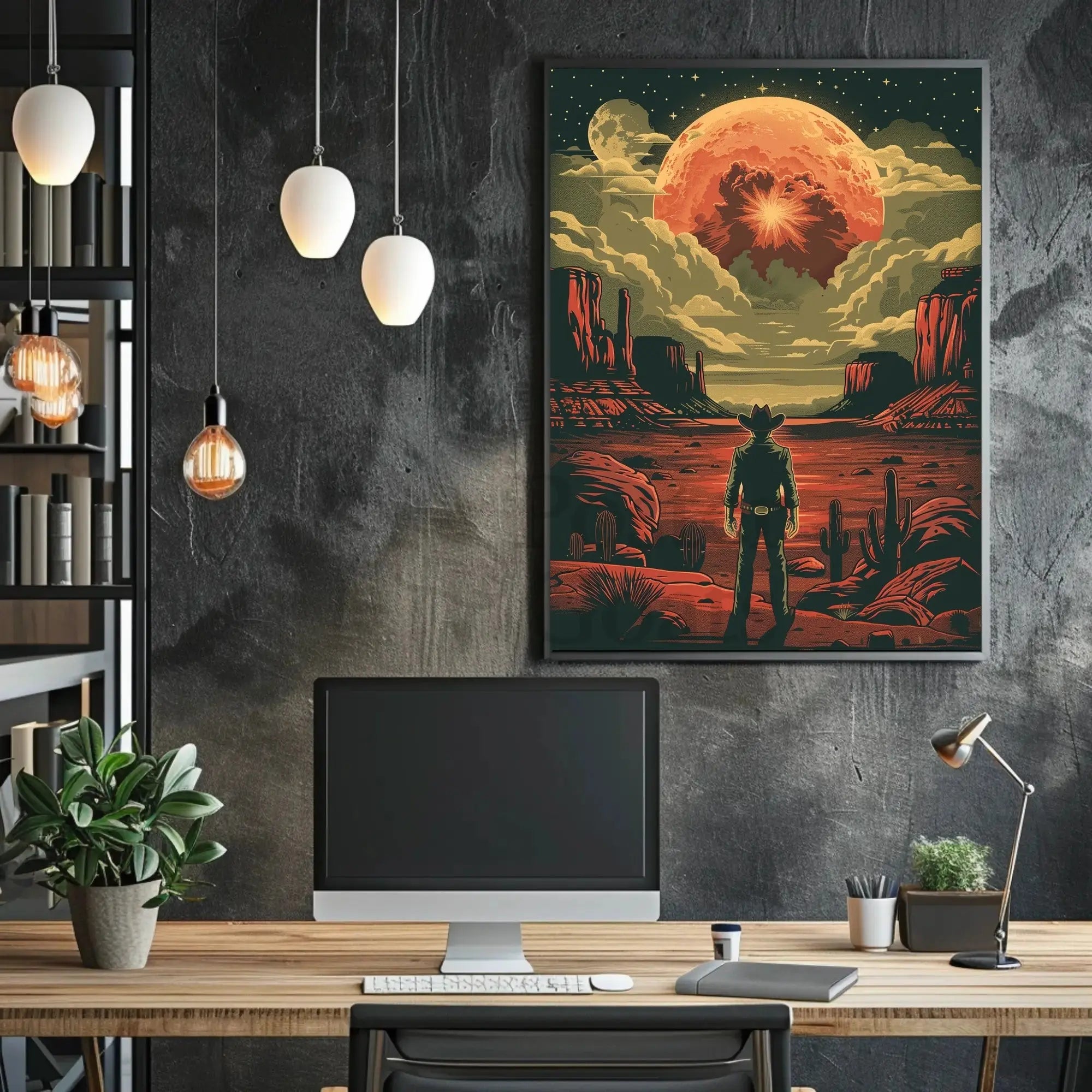 Cowboy and Moon Sci-Fi Western Futuristic Sci-Fi Poster PosterGoat
