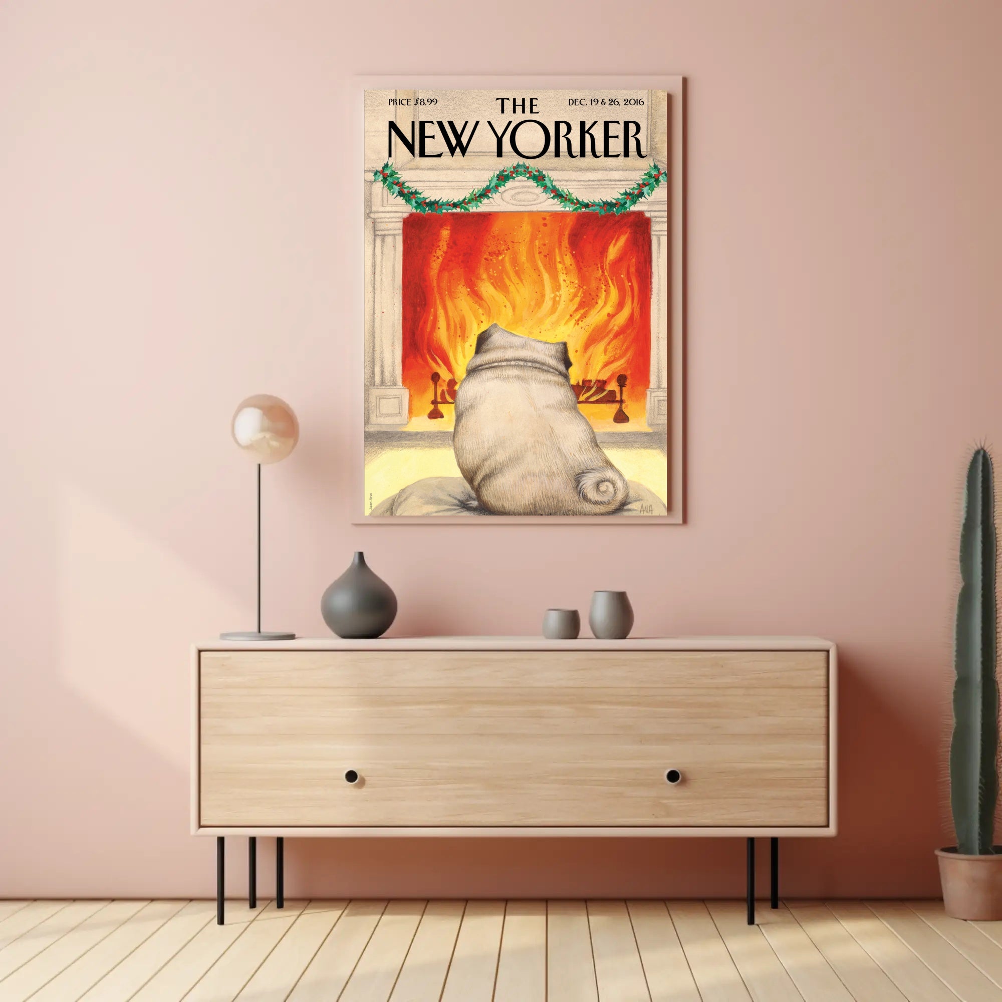 Cozy Holiday Living Room with Pug Dog Breed Poster PosterGoat