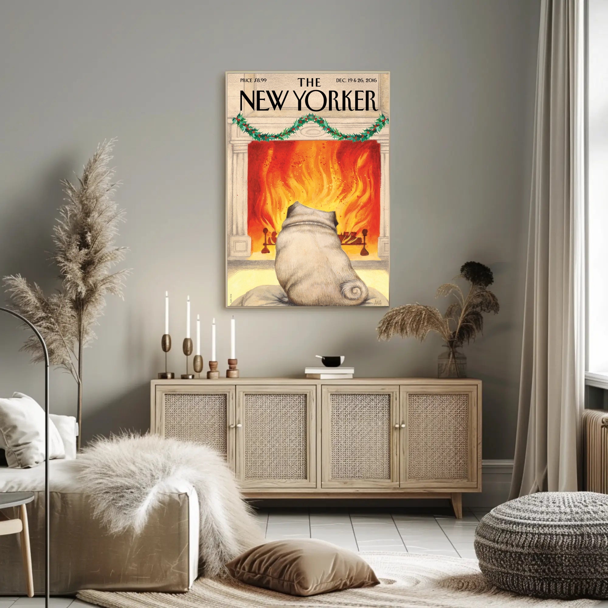 Cozy Holiday Living Room with Pug Dog Breed Poster PosterGoat