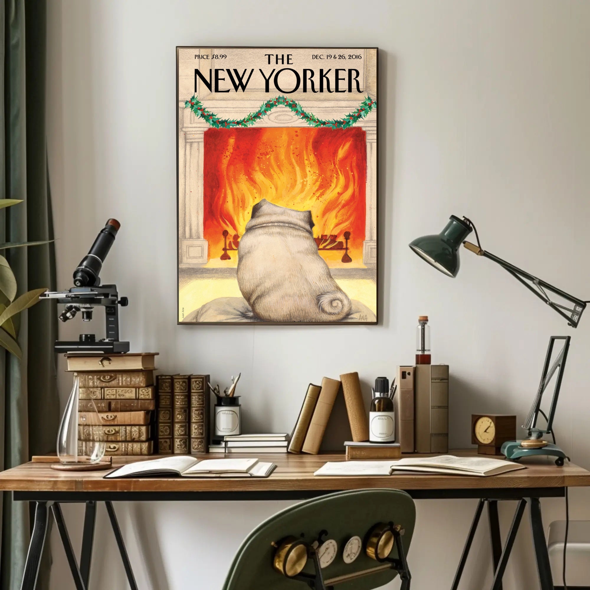 Cozy Holiday Living Room with Pug Dog Breed Poster PosterGoat