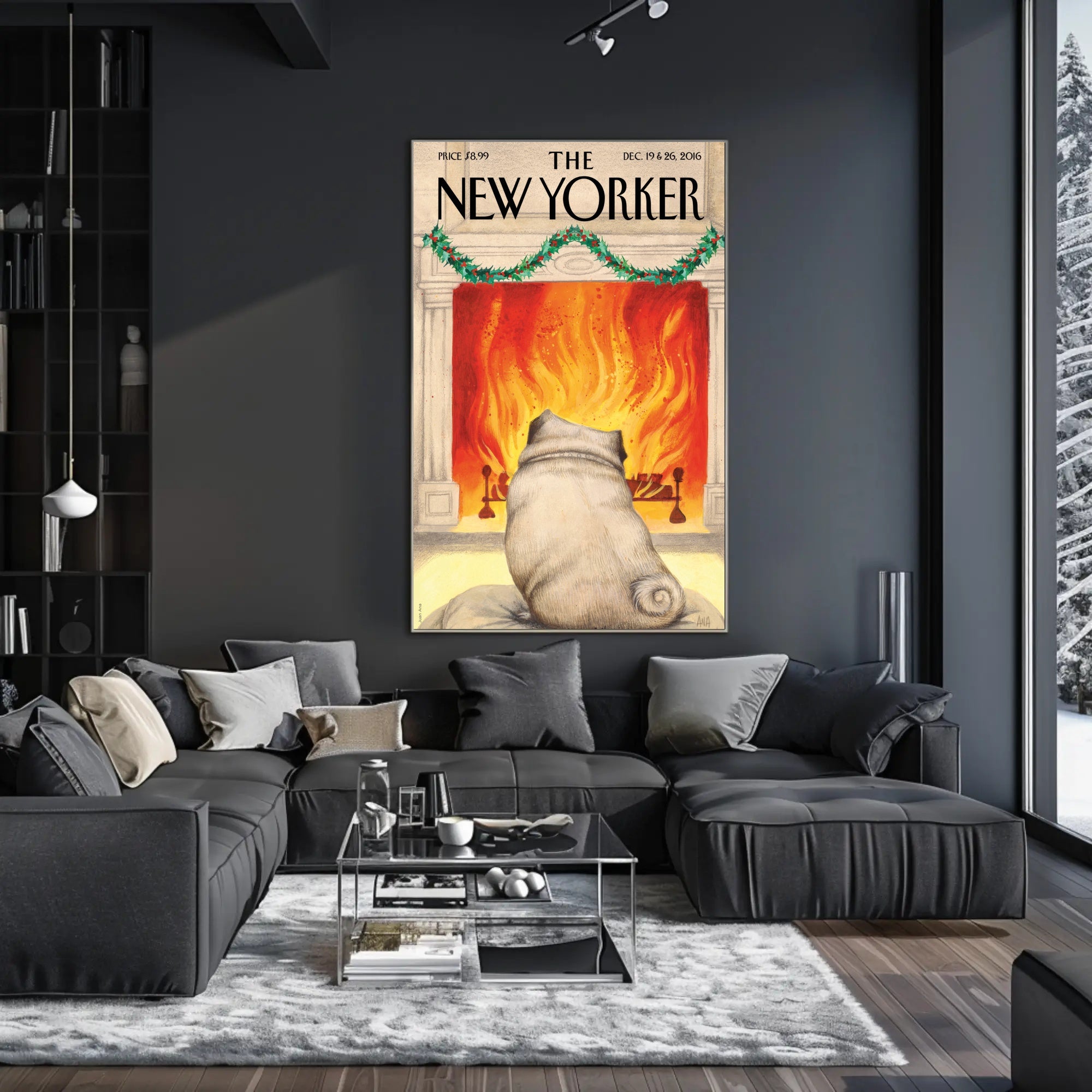Cozy Holiday Living Room with Pug Dog Breed Poster PosterGoat
