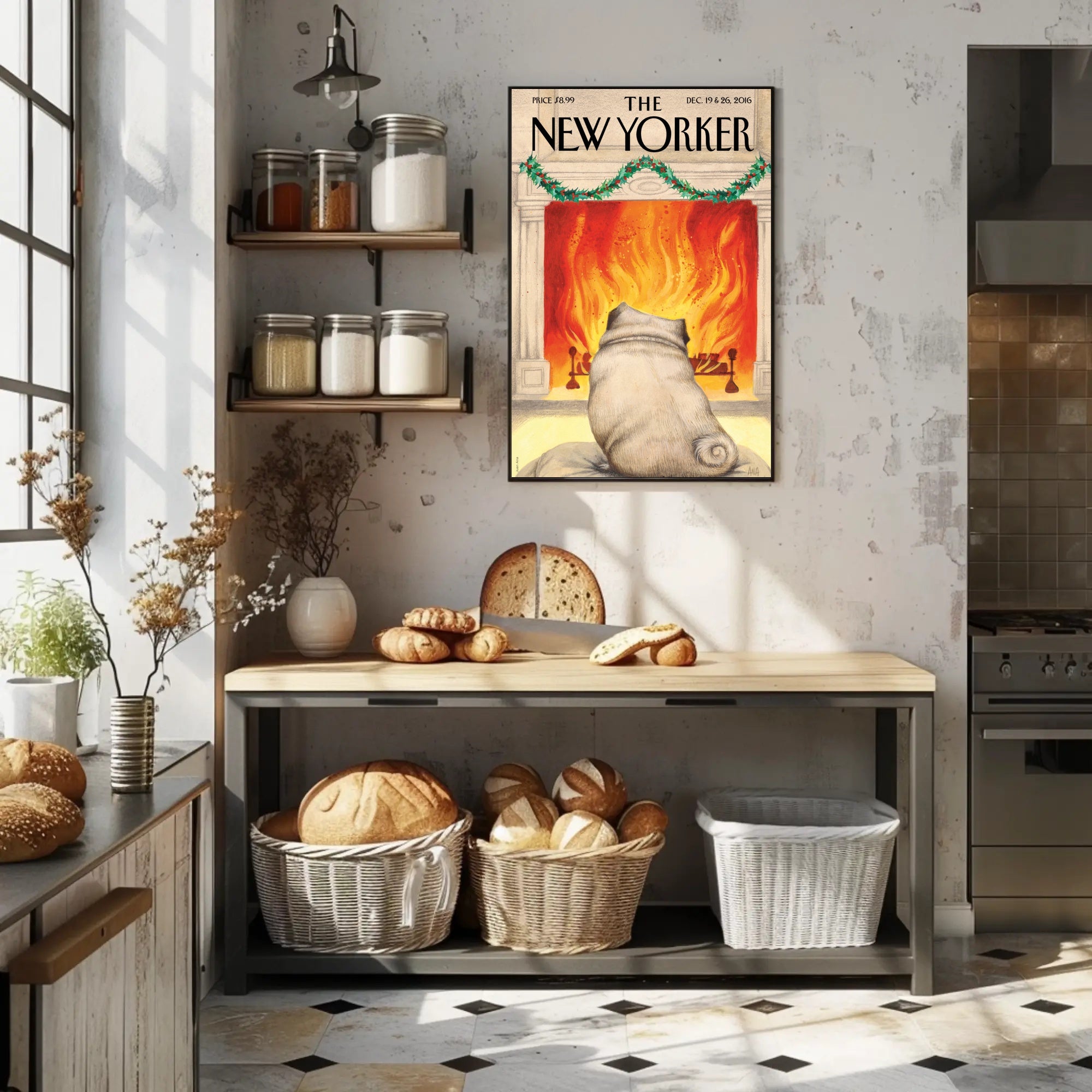 Cozy Holiday Living Room with Pug Dog Breed Poster PosterGoat