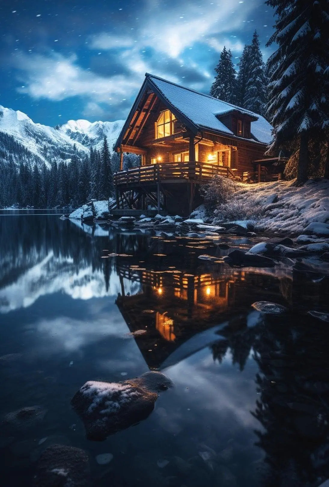 Cozy Winter Retreat in Mountains Artistic Poster PosterGoat