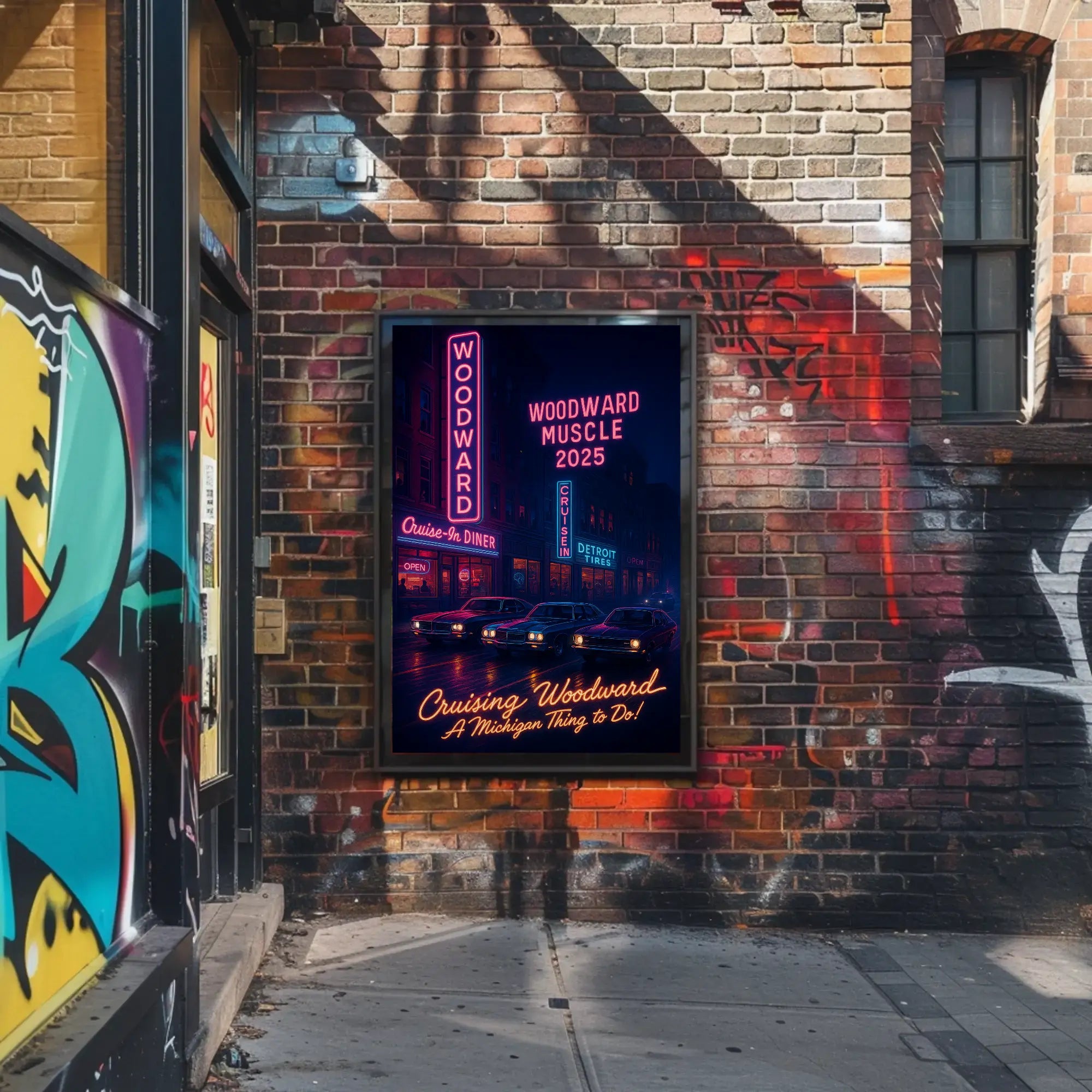 Cruising Woodward Avenue: Retro Neon Car Culture Poster PosterGoat