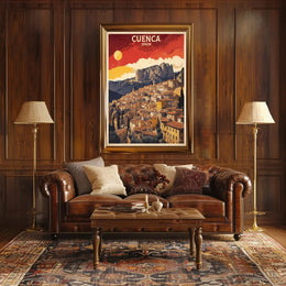 Cuenca's Iconic Hanging Houses Travel Poster PosterGoat
