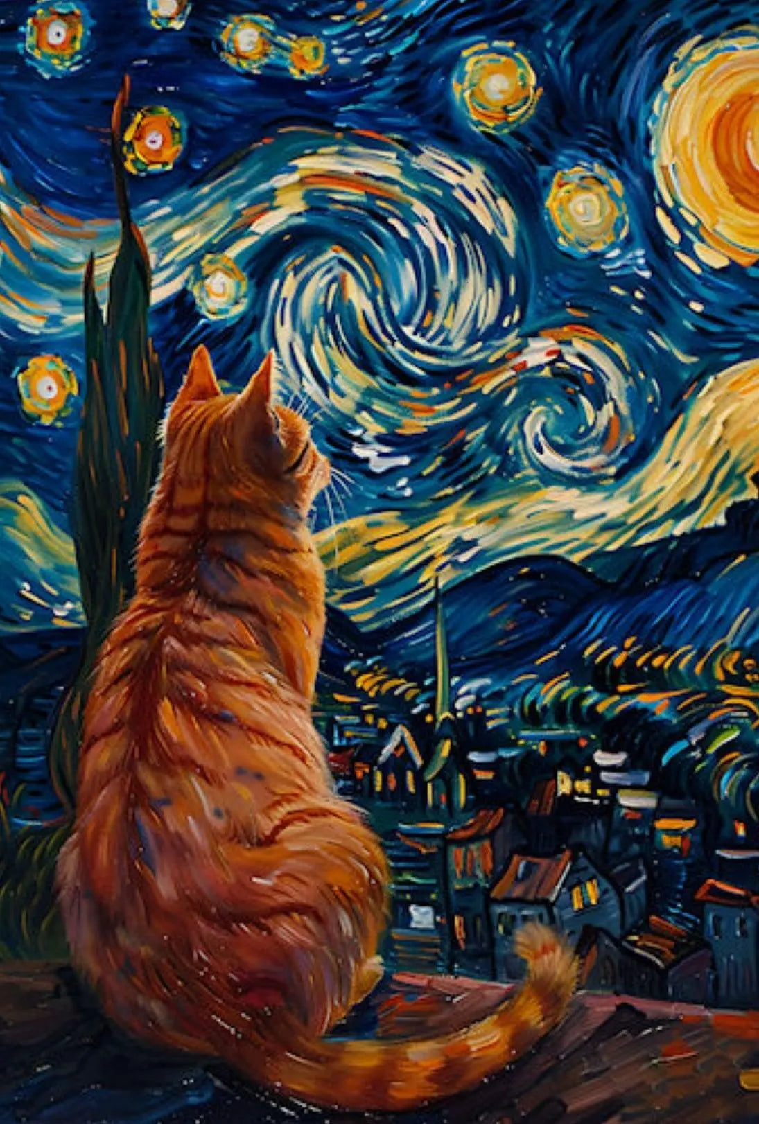 Curious Cat Under Starry Night Artistic Poster PosterGoat