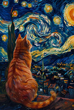 Curious Cat Under Starry Night Artistic Poster PosterGoat