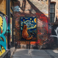 Curious Cat Under Starry Night Artistic Poster PosterGoat