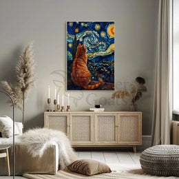 Curious Cat Under Starry Night Artistic Poster PosterGoat