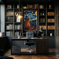 Curious Cat Under Starry Night Artistic Poster PosterGoat