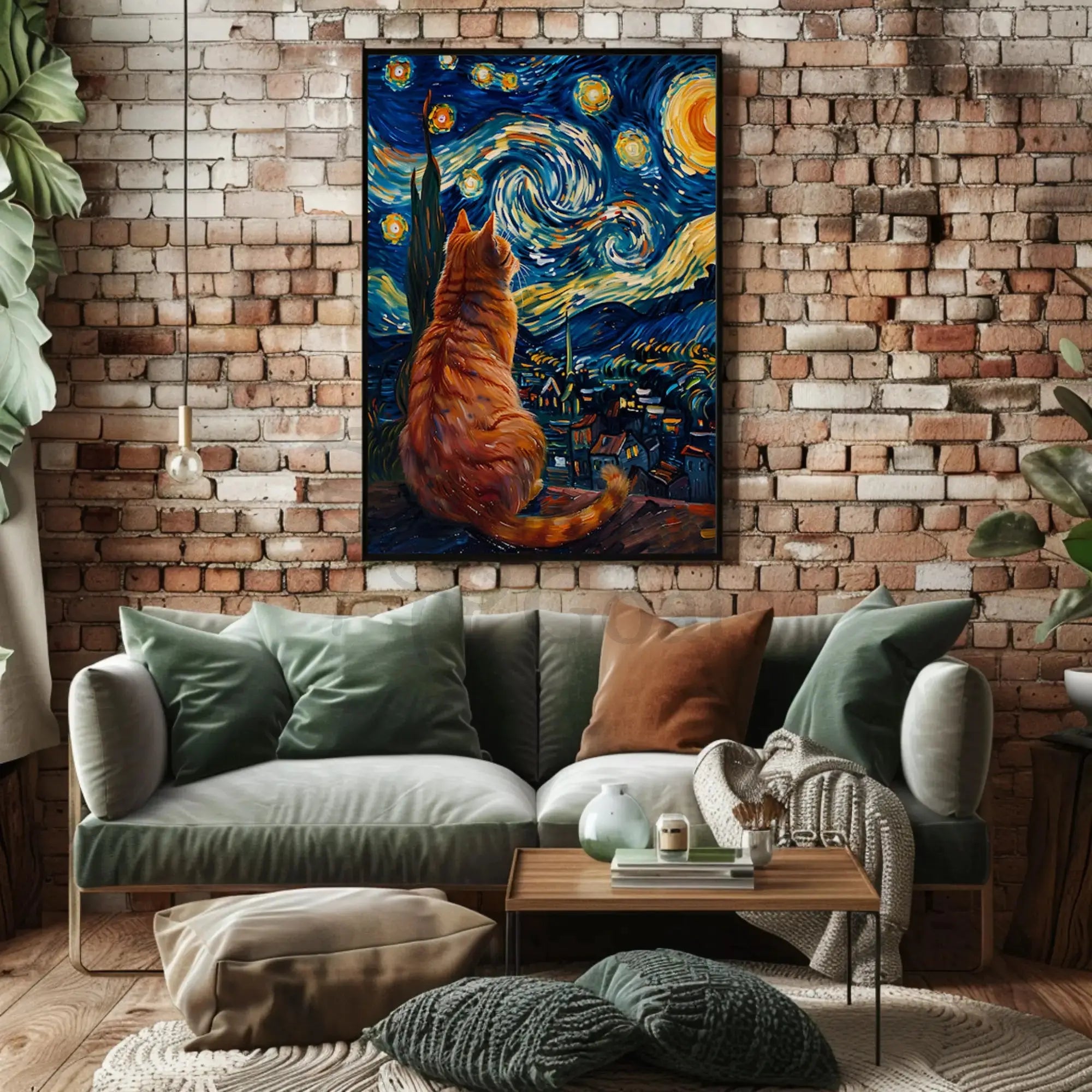 Curious Cat Under Starry Night Artistic Poster PosterGoat