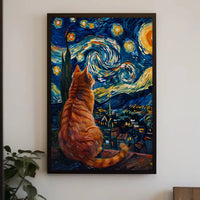Curious Cat Under Starry Night Artistic Poster PosterGoat