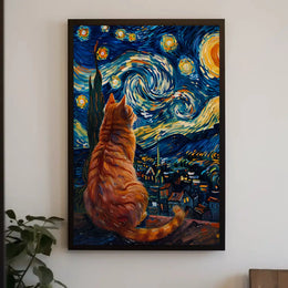 Curious Cat Under Starry Night Artistic Poster PosterGoat