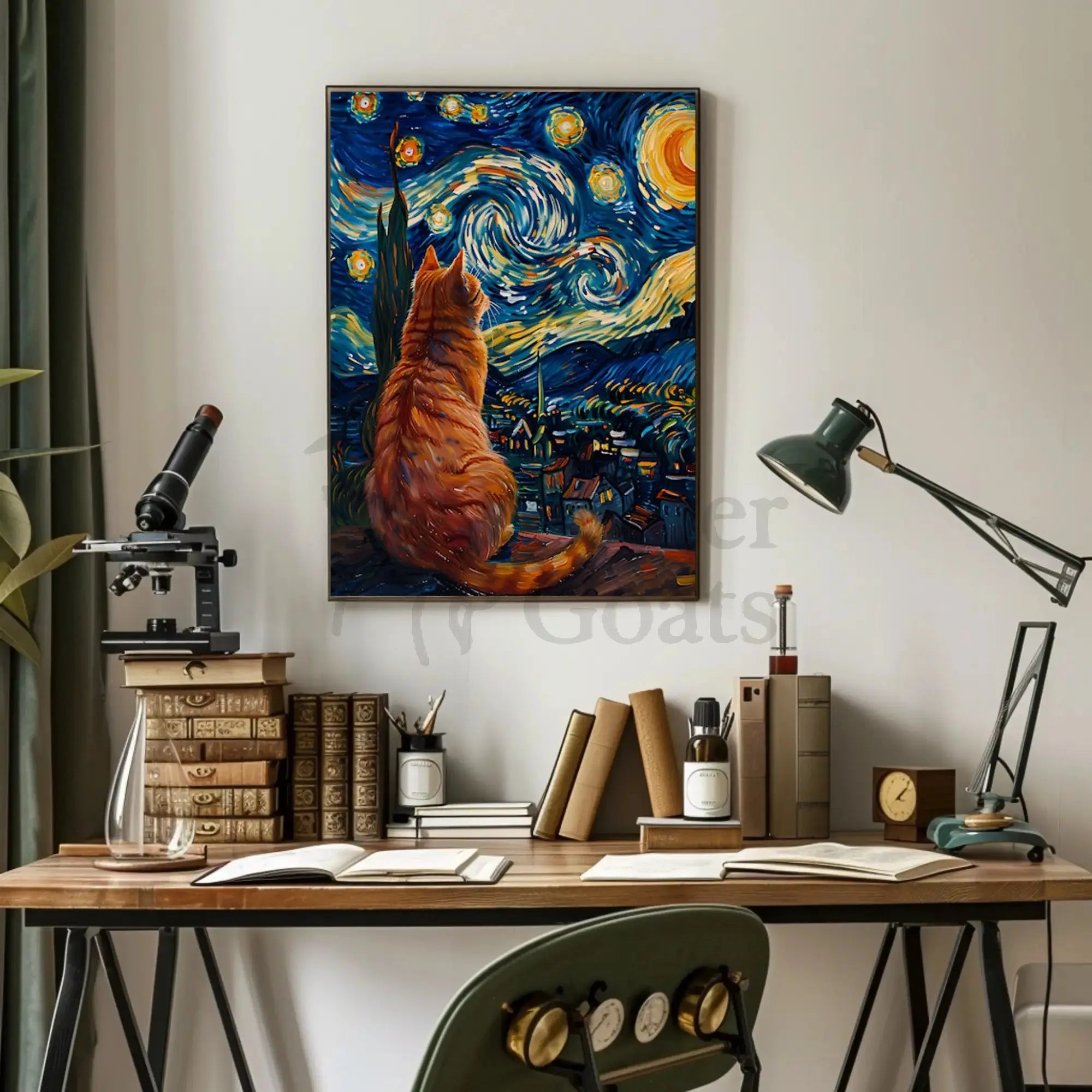 Curious Cat Under Starry Night Artistic Poster PosterGoat