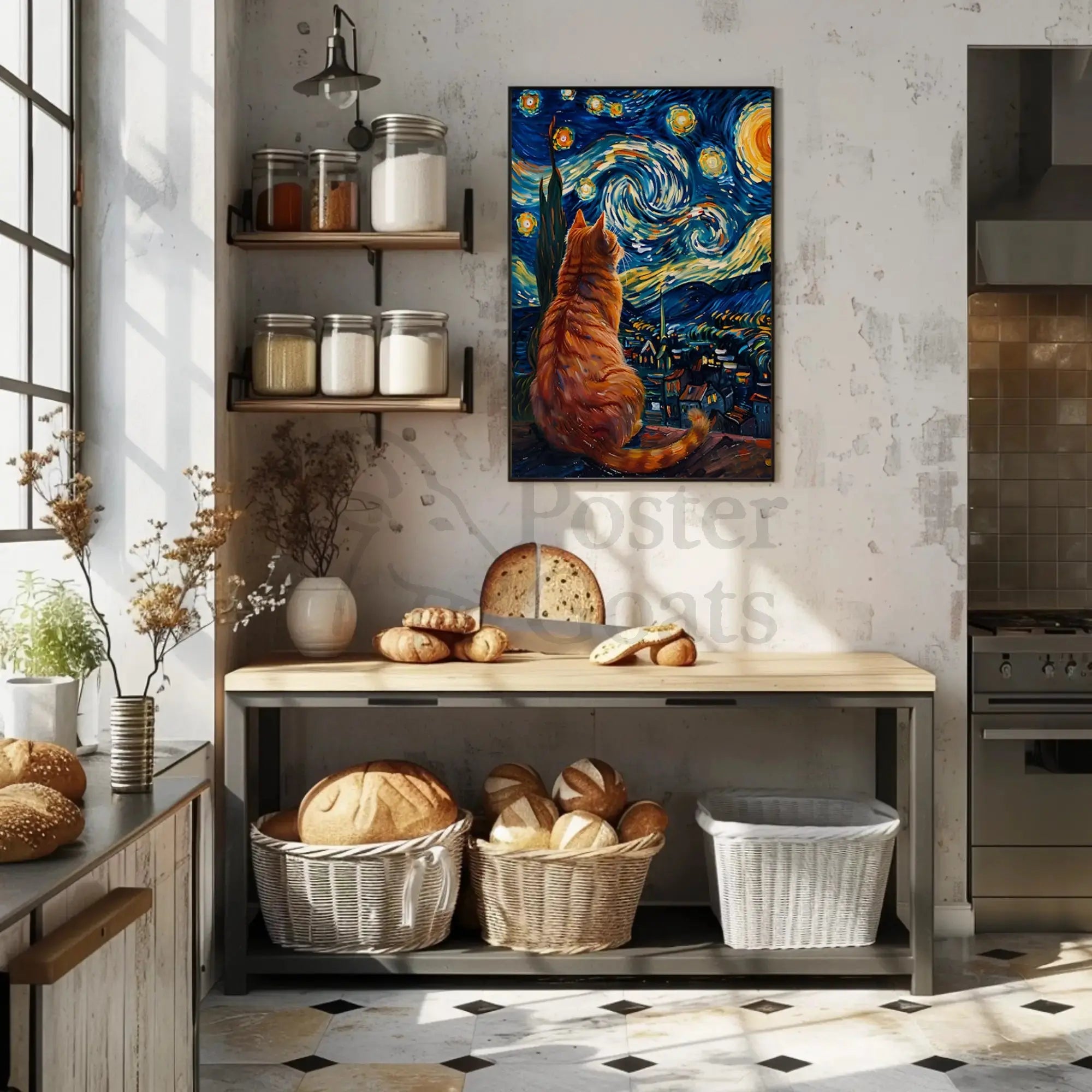 Curious Cat Under Starry Night Artistic Poster PosterGoat