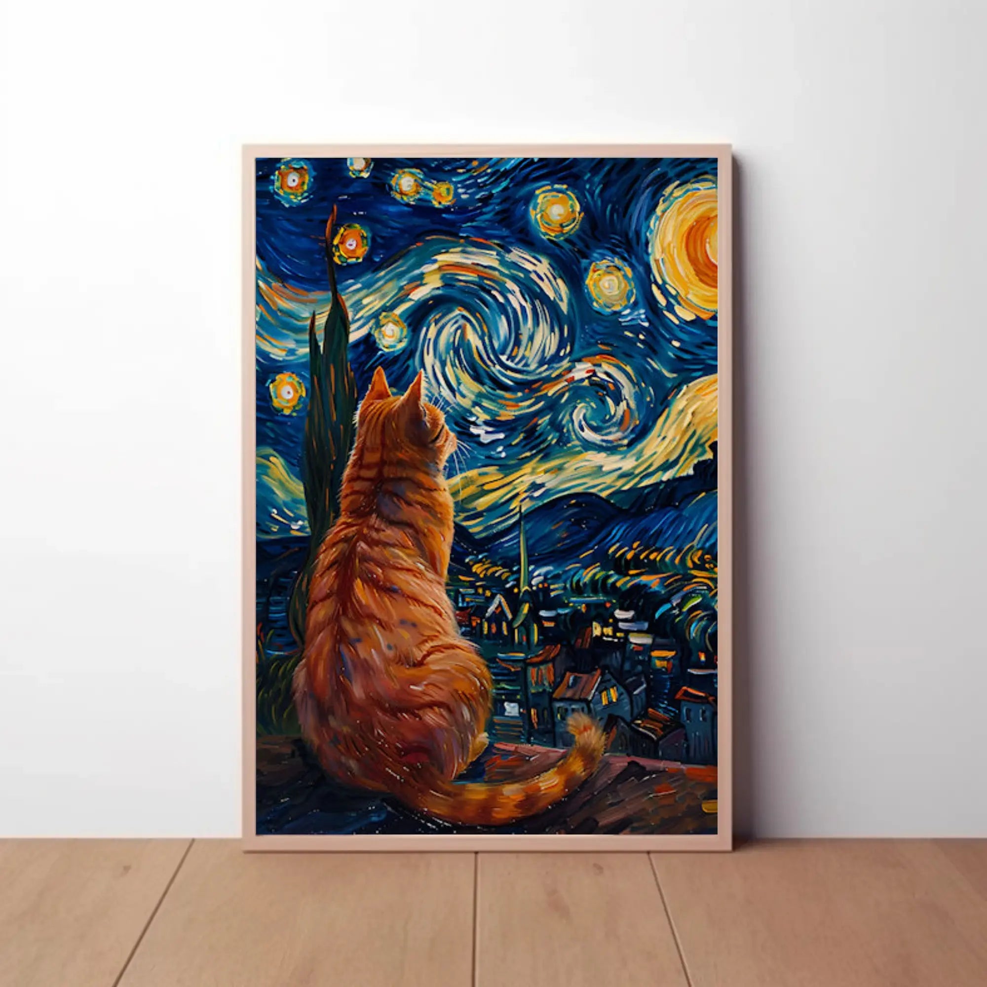 Curious Cat Under Starry Night Artistic Poster PosterGoat