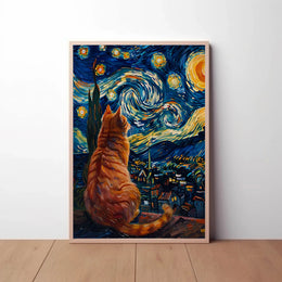 Curious Cat Under Starry Night Artistic Poster PosterGoat