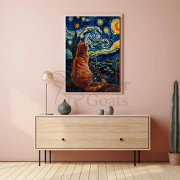 Curious Cat Under Starry Night Artistic Poster PosterGoat