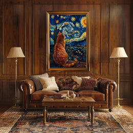 Curious Cat Under Starry Night Artistic Poster PosterGoat
