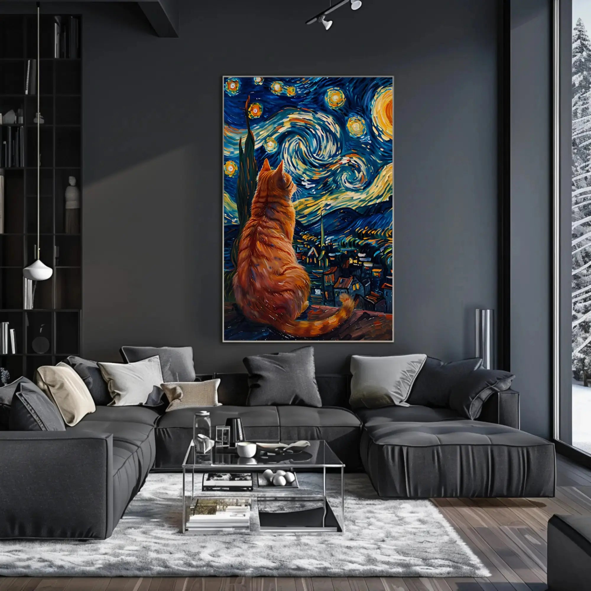Curious Cat Under Starry Night Artistic Poster PosterGoat