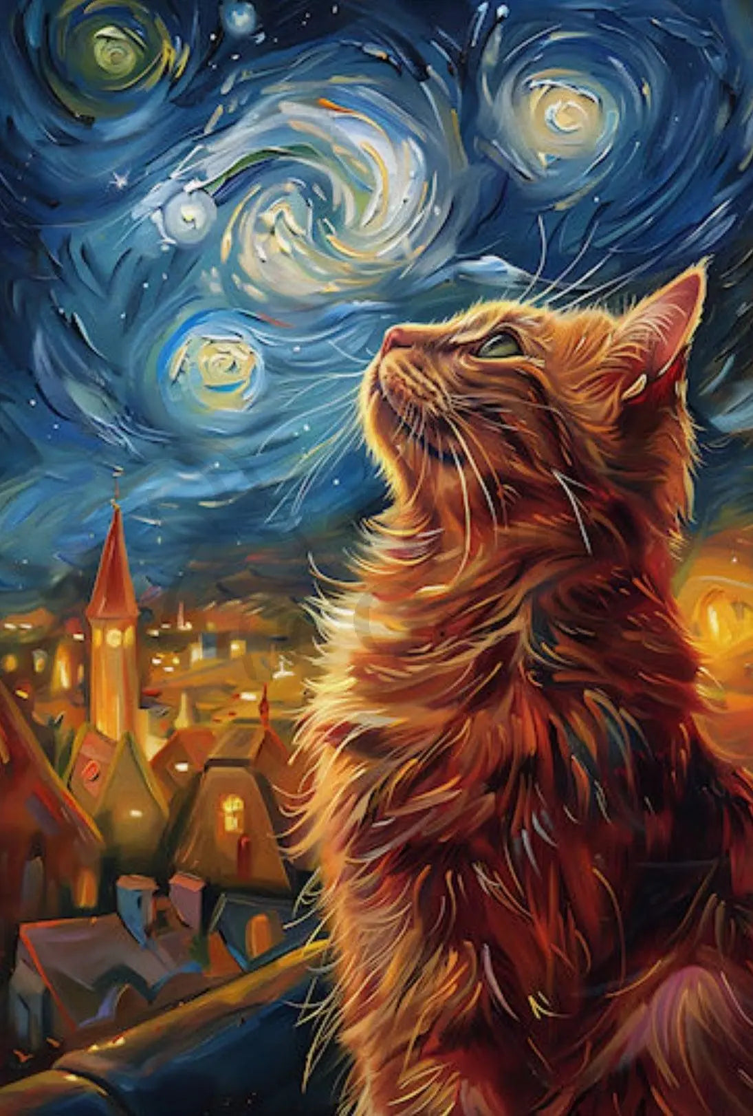 Curious Cat Under Starry Sky Artistic Poster PosterGoat