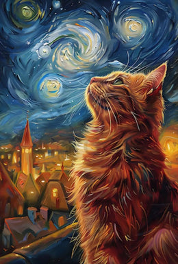 Curious Cat Under Starry Sky Artistic Poster PosterGoat