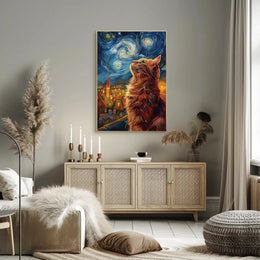 Curious Cat Under Starry Sky Artistic Poster PosterGoat