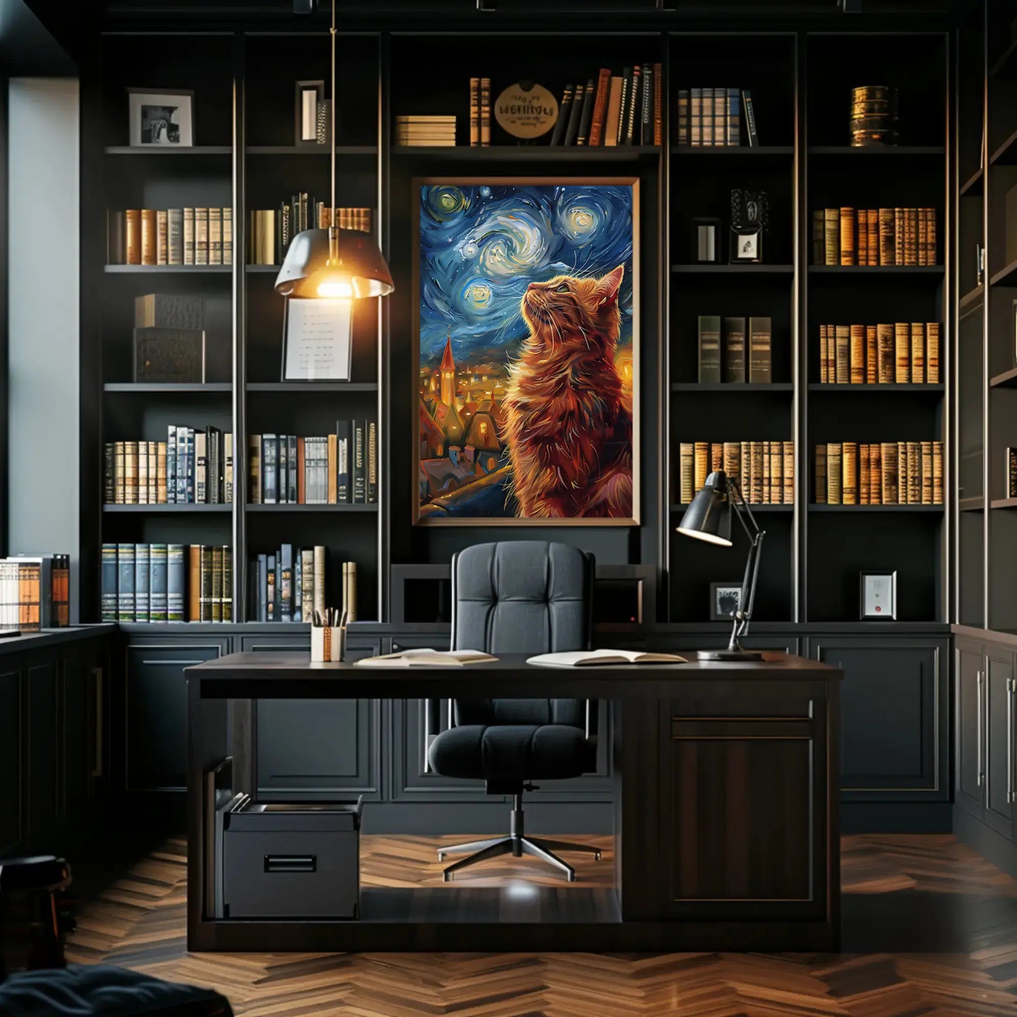 Curious Cat Under Starry Sky Artistic Poster PosterGoat